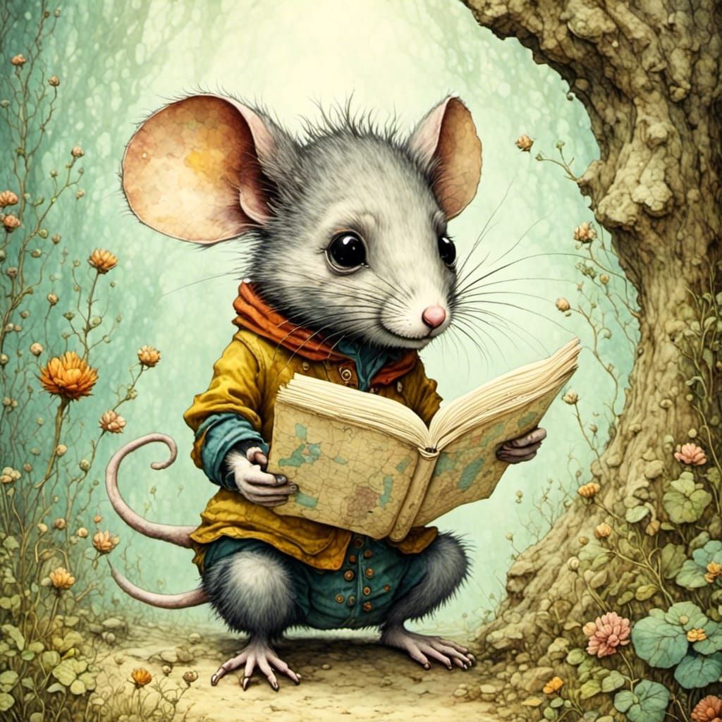 Whimsical Mouse Explorer Reads Antique Watercolor Map