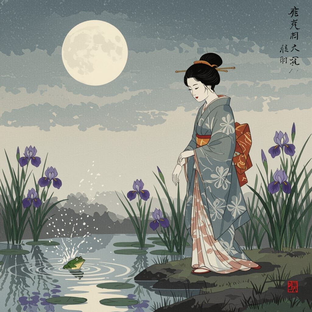 Serene Woman by Pond in Yamato-e Style