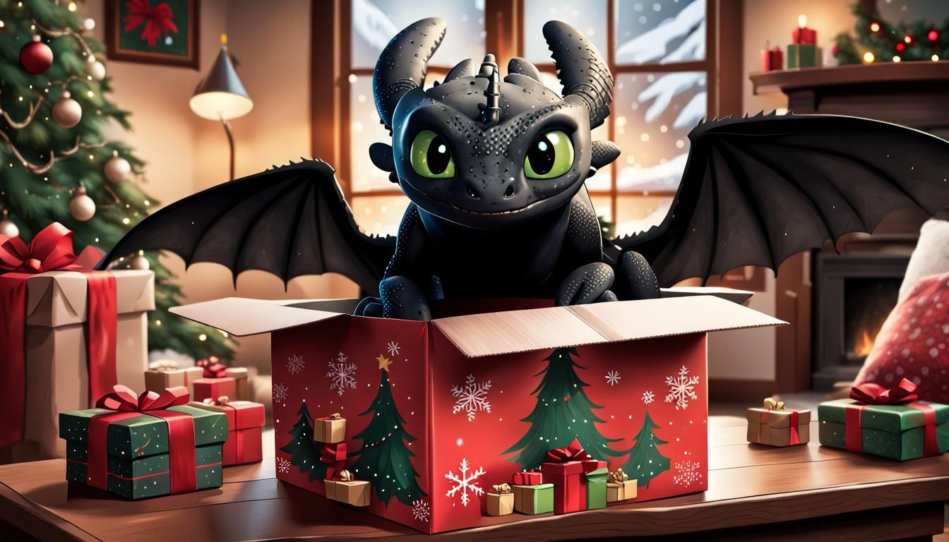 Toothless in Christmas Box: Hand-Drawn Vector Art