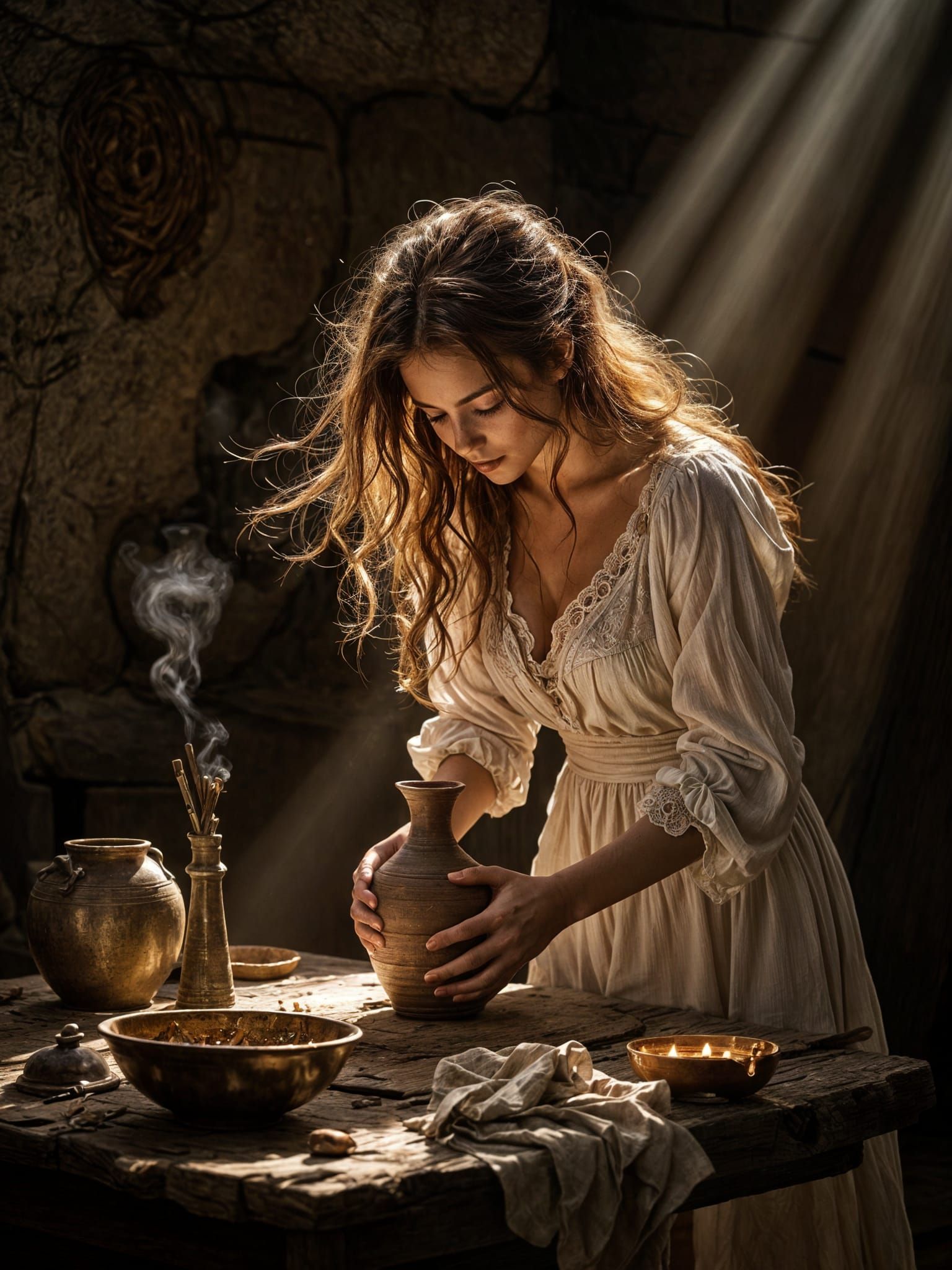 Woman Sculpting Clay in Rembrandtian Light