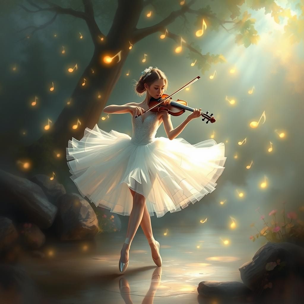 Ballerina Dancing and Playing Violin with Glowing Notes
