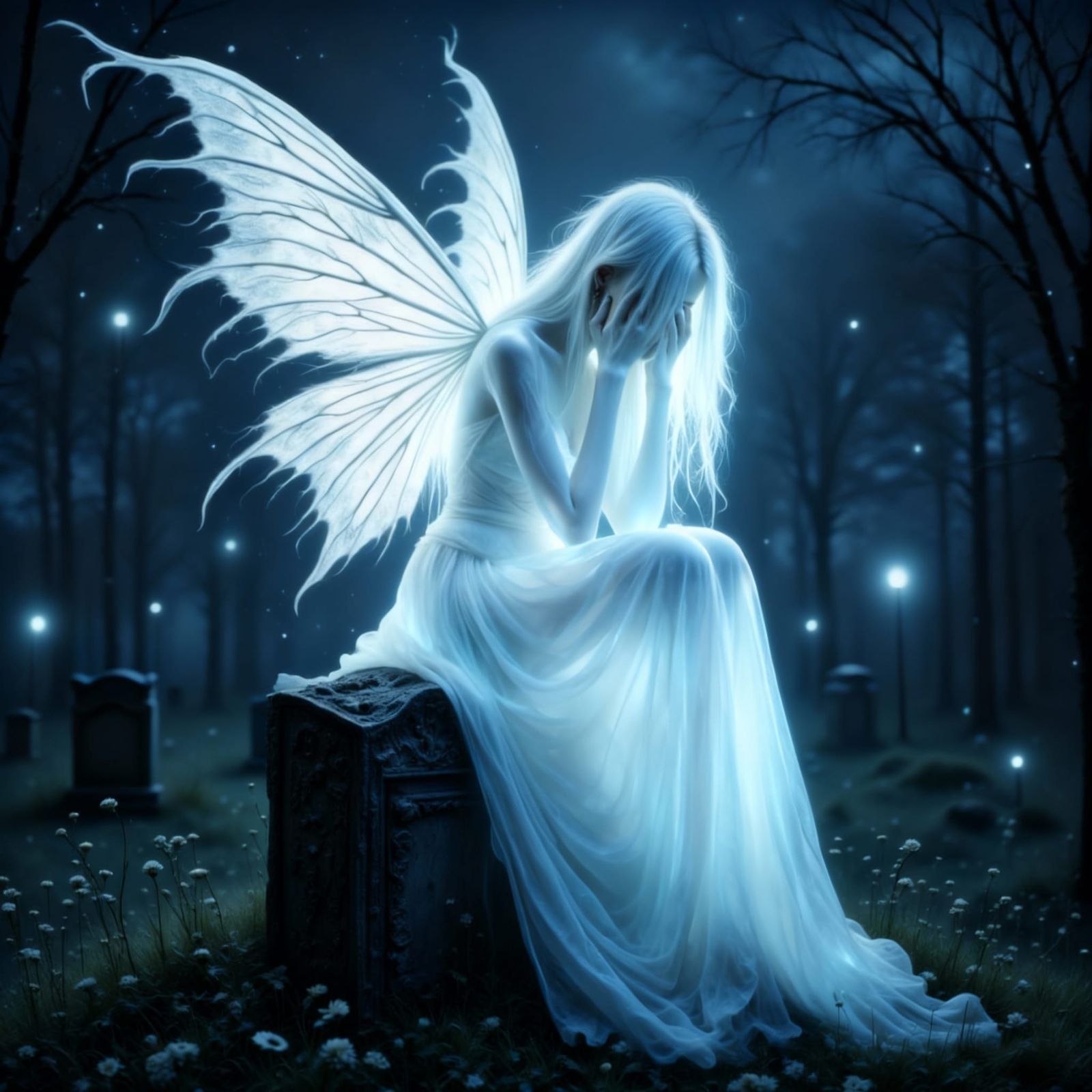 Sad Ghostly Fairy on Tombstone in Gothic Cemetery