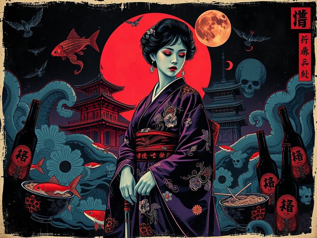 Noir Japanese Scene with Kimono Woman and Mystic Symbols