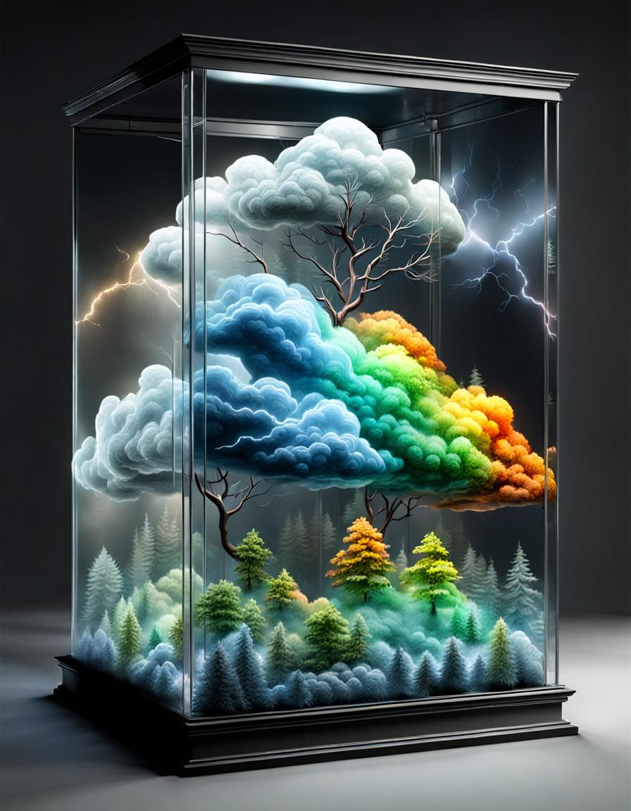 Lightnings, trees and clouds (glass box)