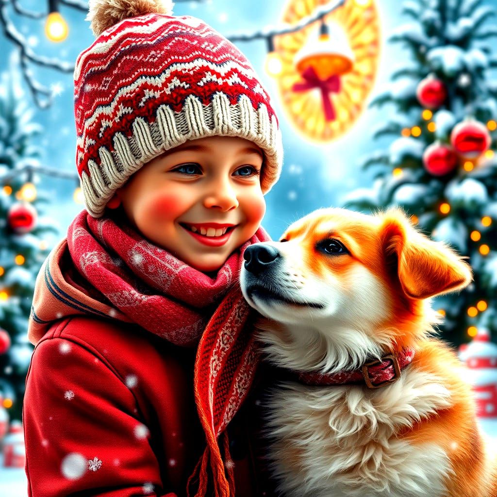 Boy and Dog Play in Winter Wonderland
