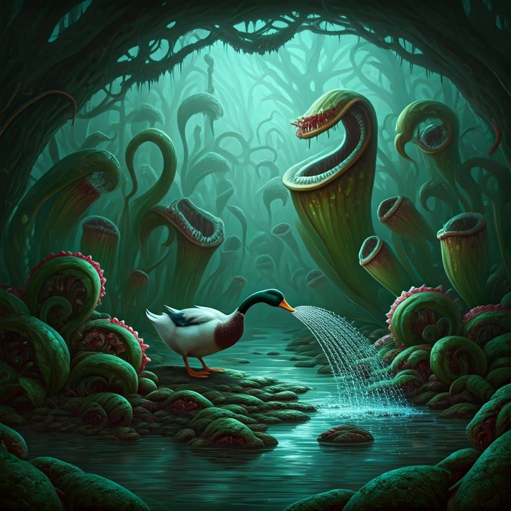 Surreal Duck Tends Twisted, Carnivorous Garden