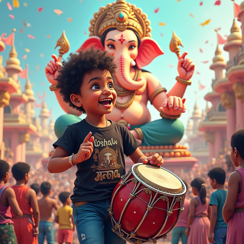 Boy Playing Dhol Before Ganesha, Colouring Book Style