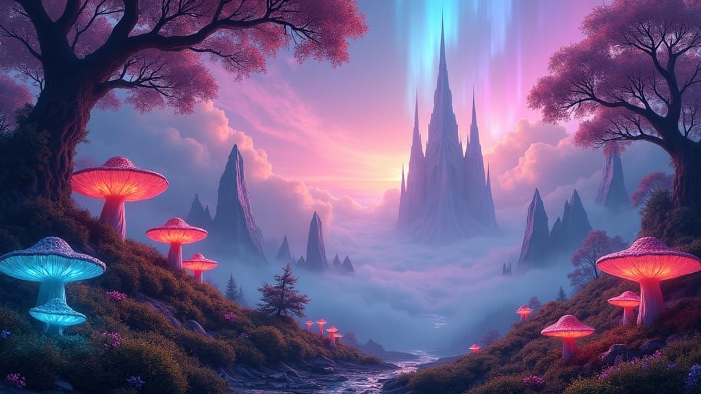 Mystical Realm with Iridescent Flora, Digital Matte Painting