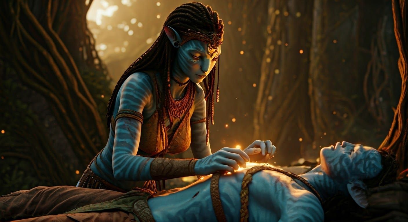 Na'vi Healer's Tender Touch in Bioluminescent Light