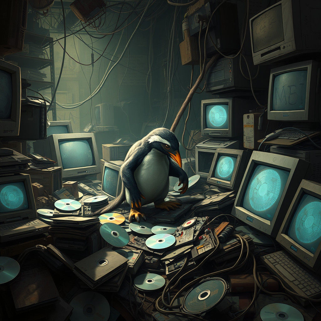 Penguin-Pangolin Creature in Cyberpunk Linux Wasteland