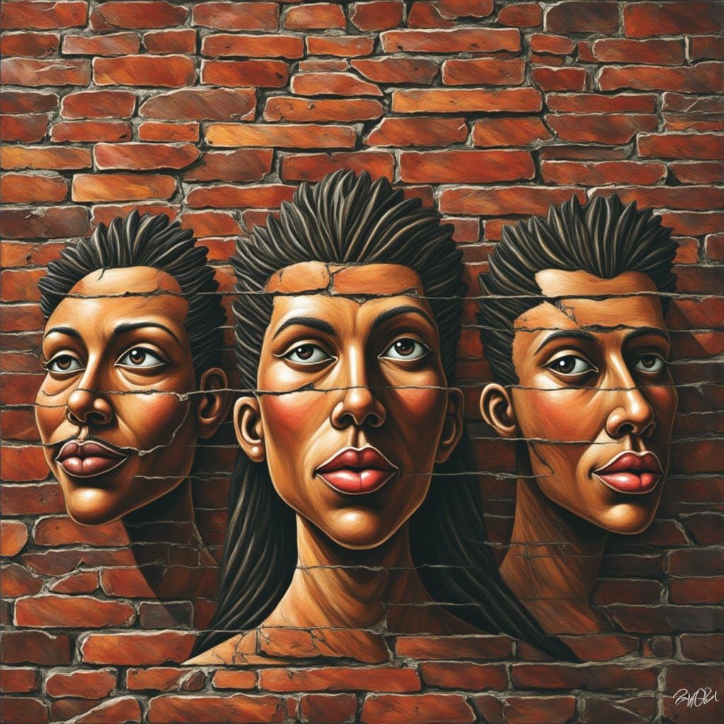 Surreal Brick Wall of Human Faces Illustration