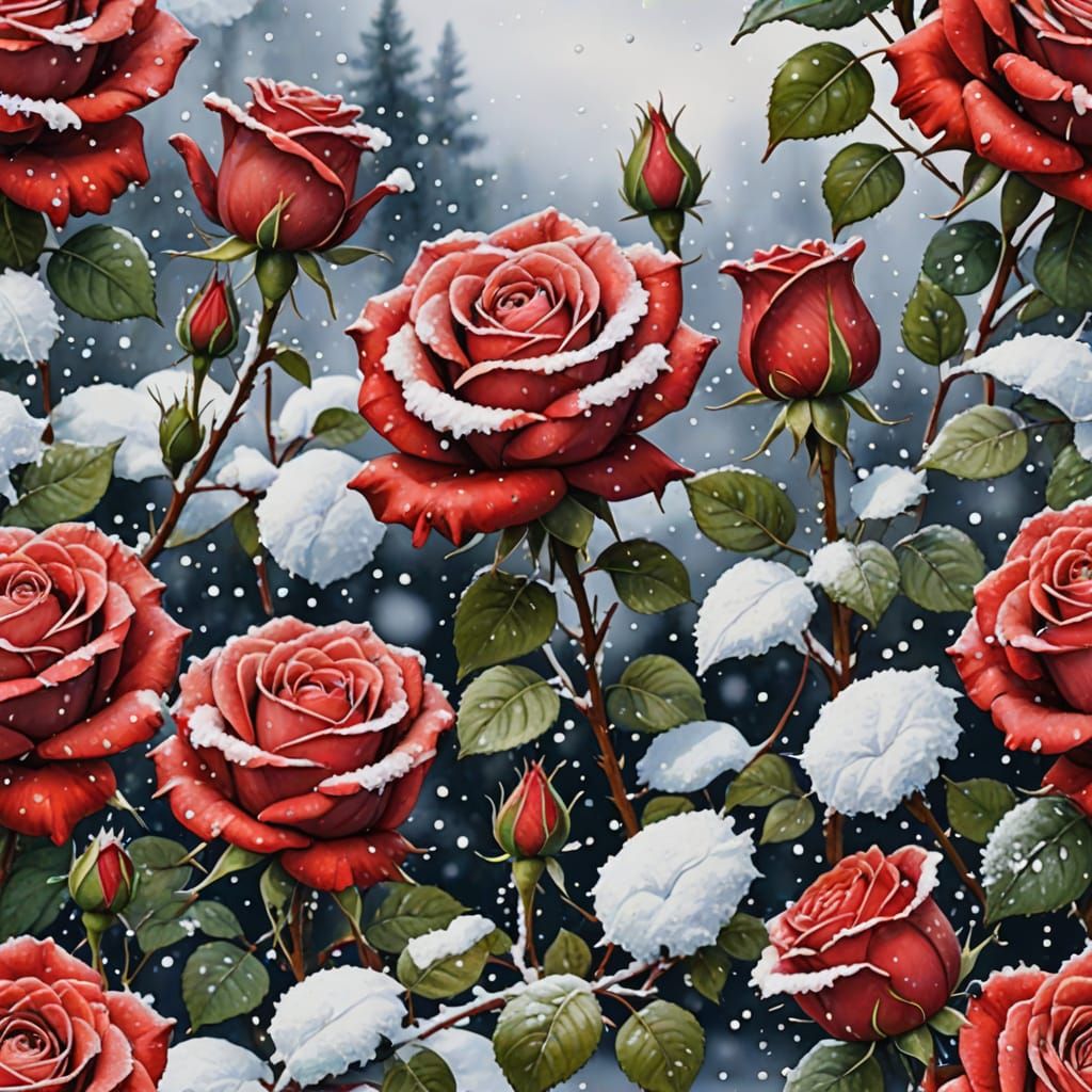 Red Roses in Snow: Watercolor Painting