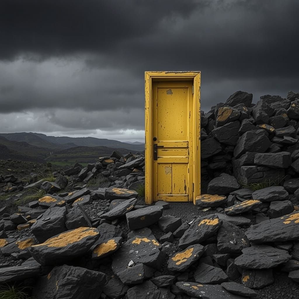 Weathered Yellow Door on Black Rocks
