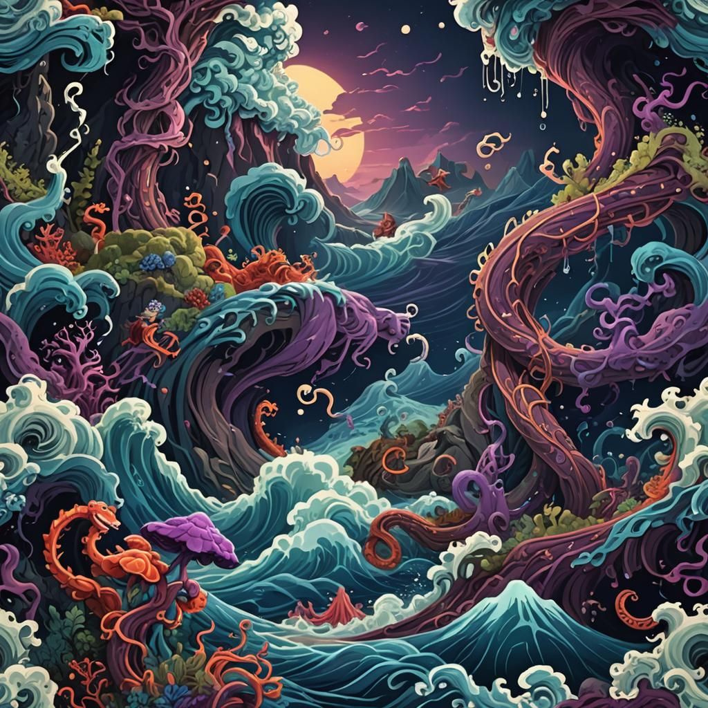 Gods and Demons Churning Ocean: Art Nouveau Style