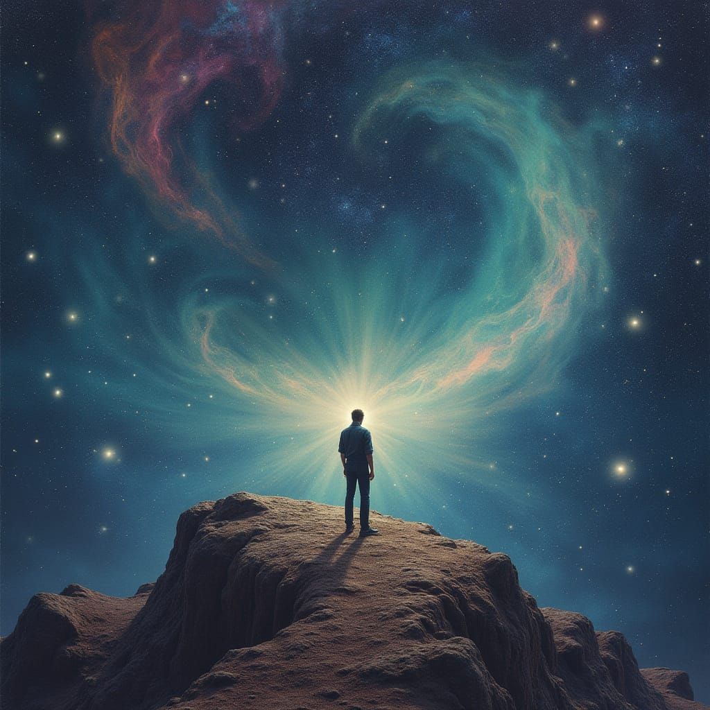 A Lone Figure Stands at the Edge of Infinity in Cosmic Dream...