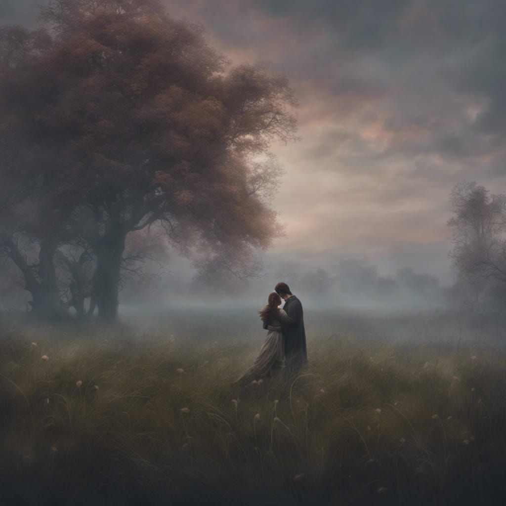 Lovers Embrace in Misty Field: Digital Matte Painting
