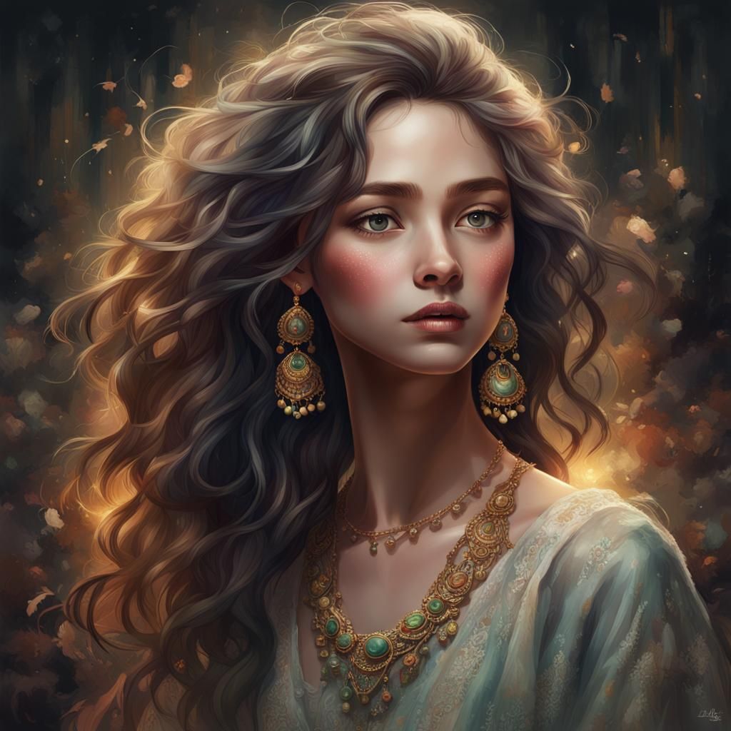 Mystical Portrait with Coiled Hair and Exquisite Jewelry