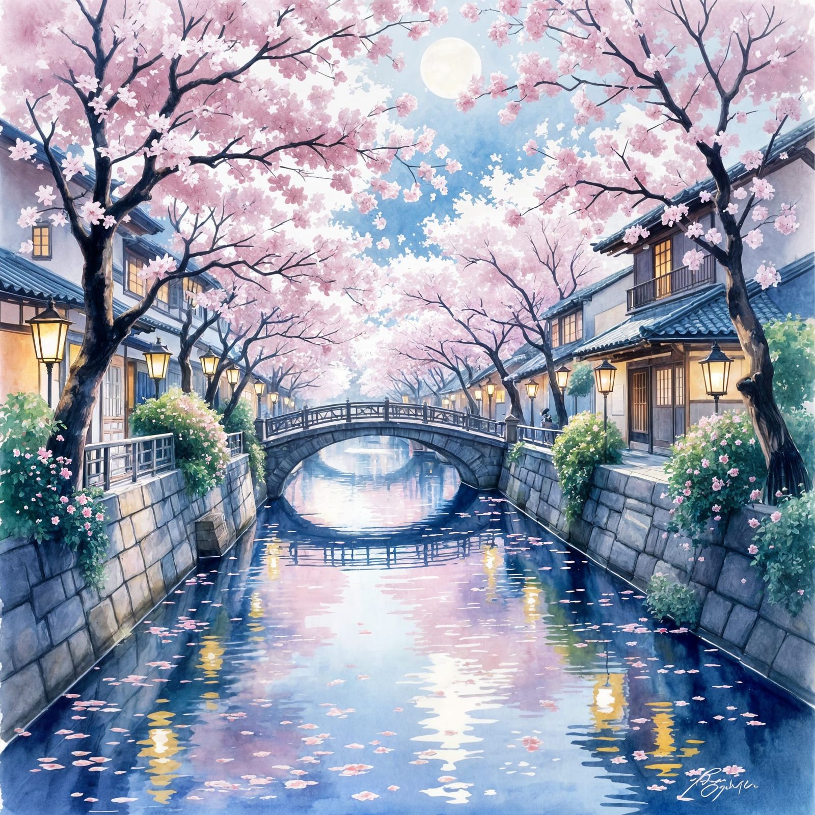 Kyoto Blossom Lanterns: Lilac Roses Over Moonlit Canal