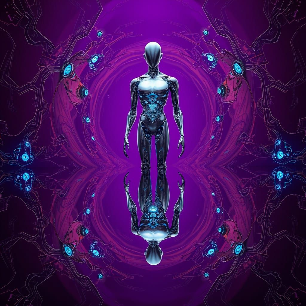 Android Suspended in Swirling Vortex of Glowing Circuits