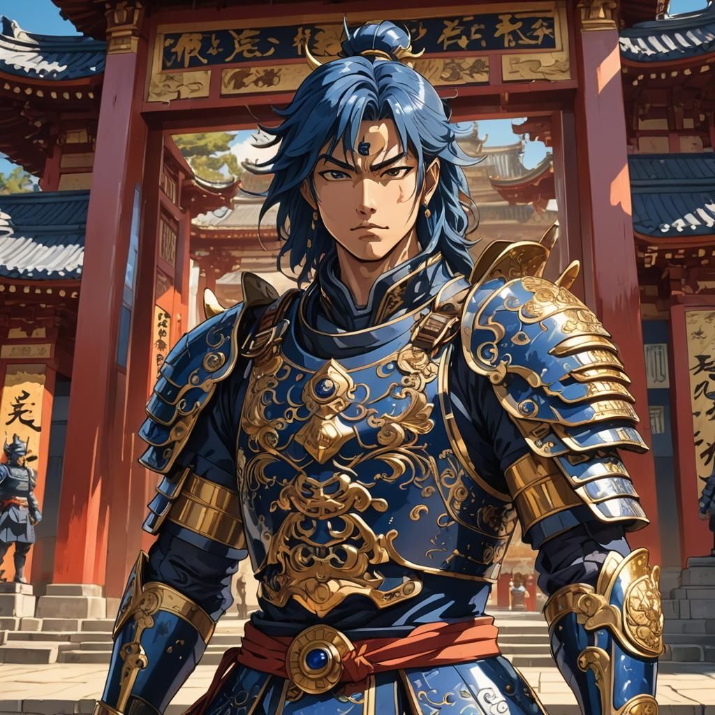 Anime Samurai in Shining Armor Before Temple