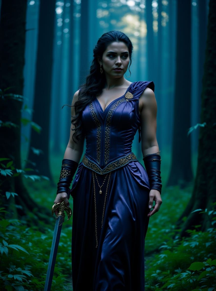 Heroic Warrior Woman in Mystical Forest, Digital Art