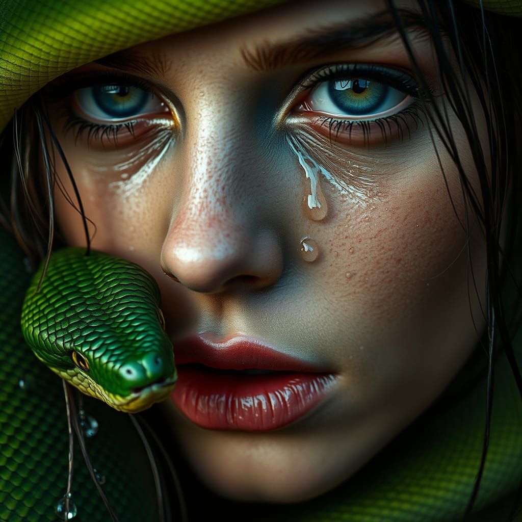 Woman with Snake Portrait in Hyperrealistic Style