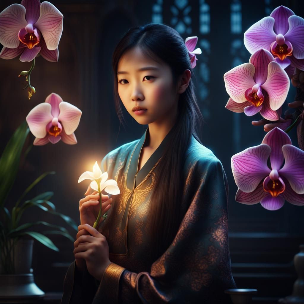 Girl with Magical Orchid in the Darkness