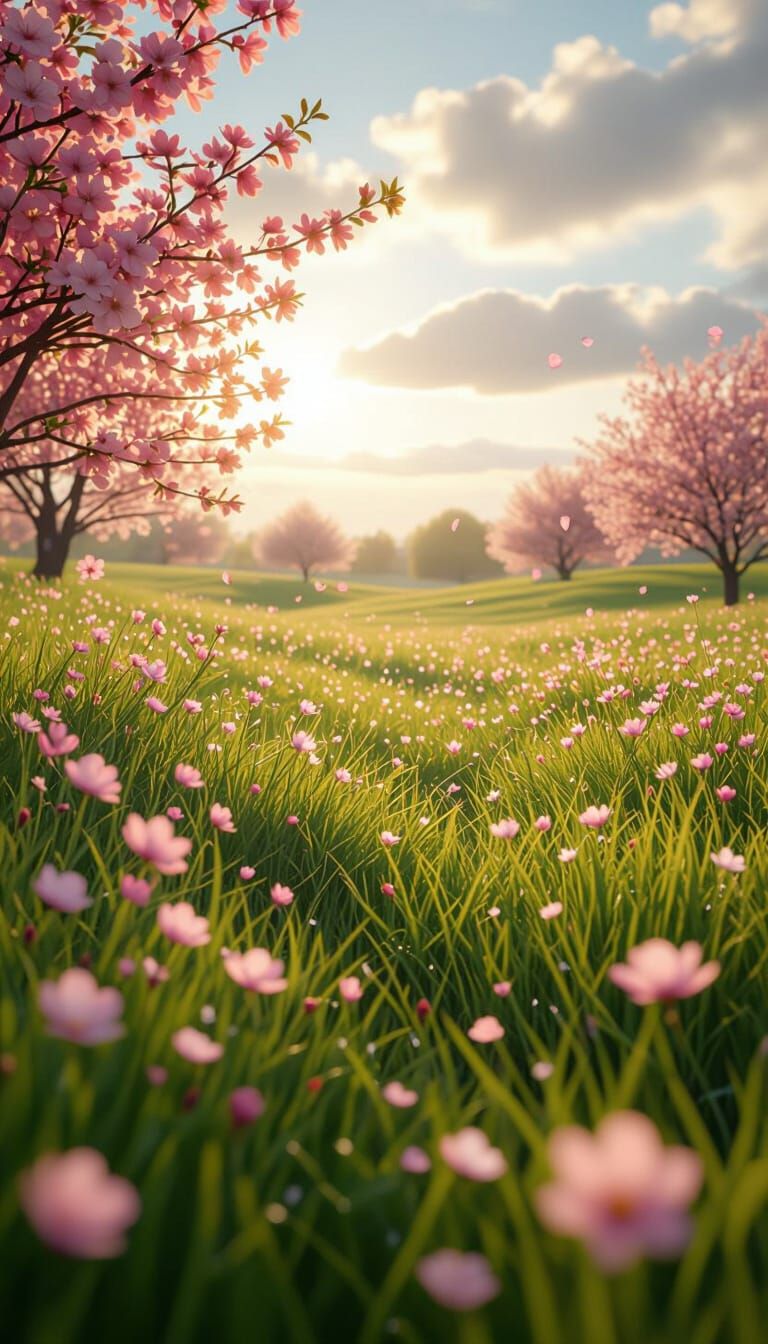 Cinematic Spring Field With Pink Blossoms and Flowers