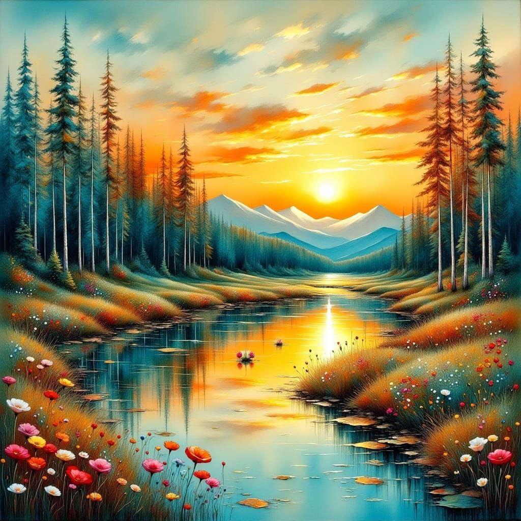 Vibrant Landscape in Impressionist Style with Orange and Tea...