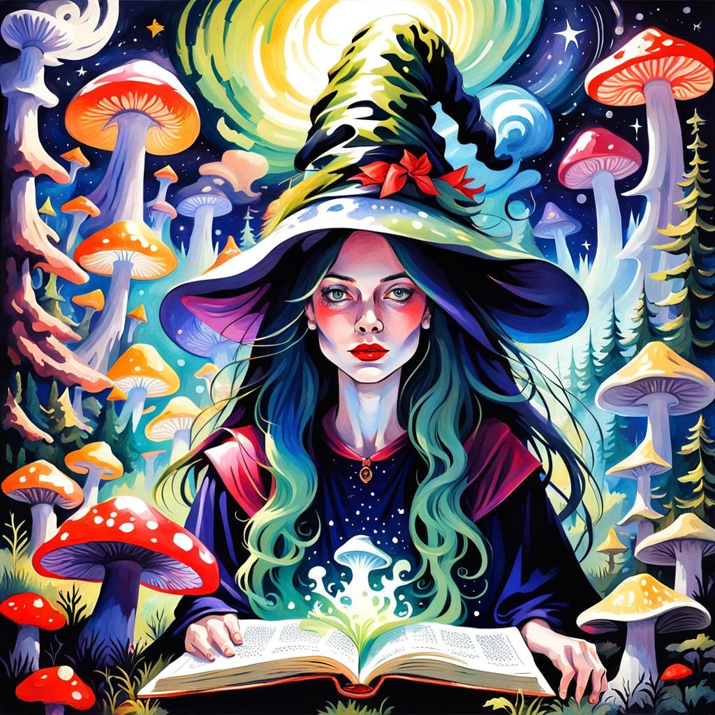 Ethereal Witch Reading in a Mushroom Forest