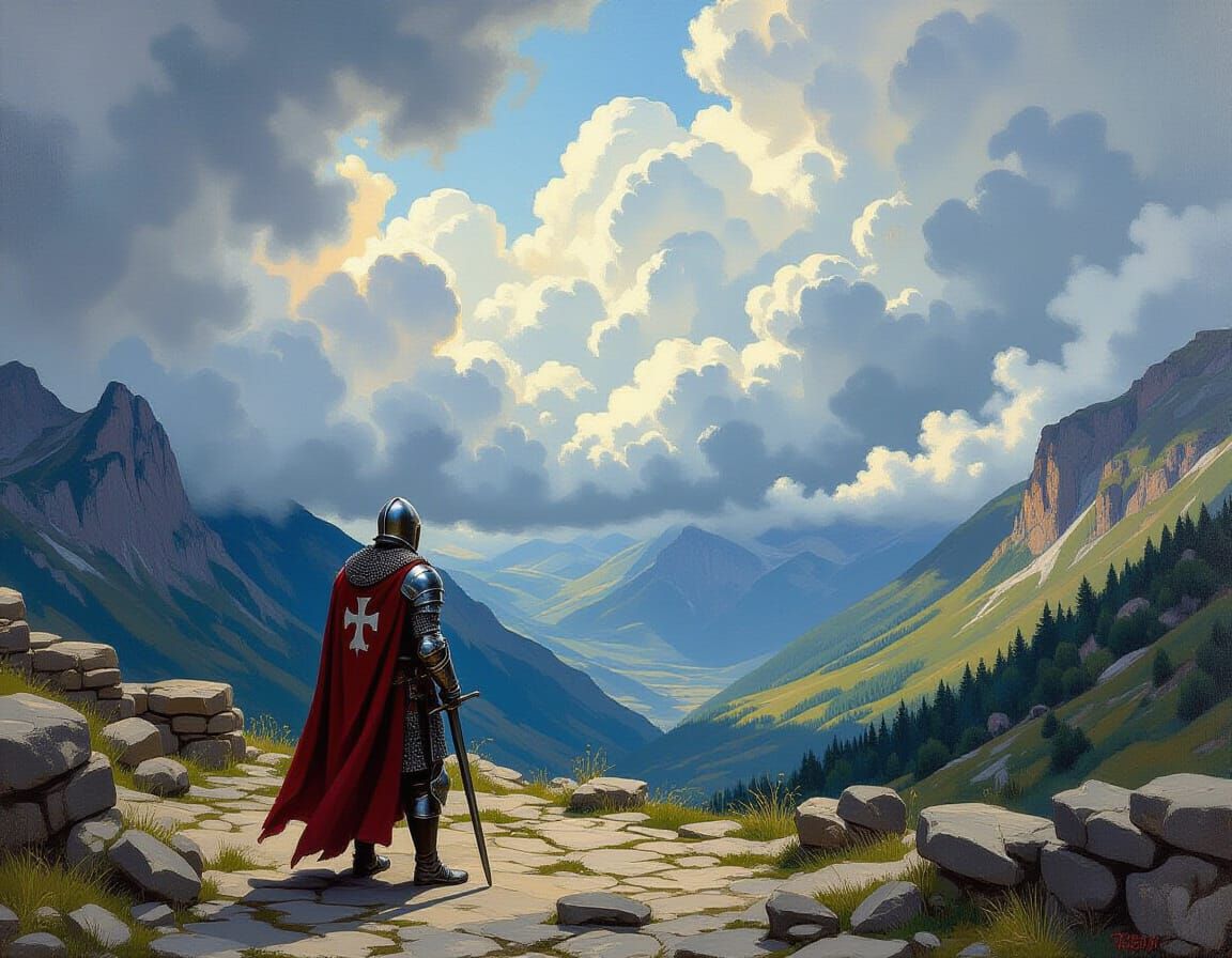 Templar Knight Stands Guard: Medieval Hyperrealistic Oil Pai...