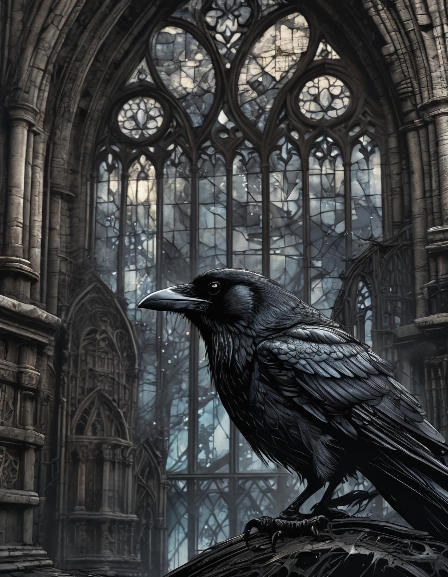 Raven in Abandoned Church: Gothic Pen and Ink