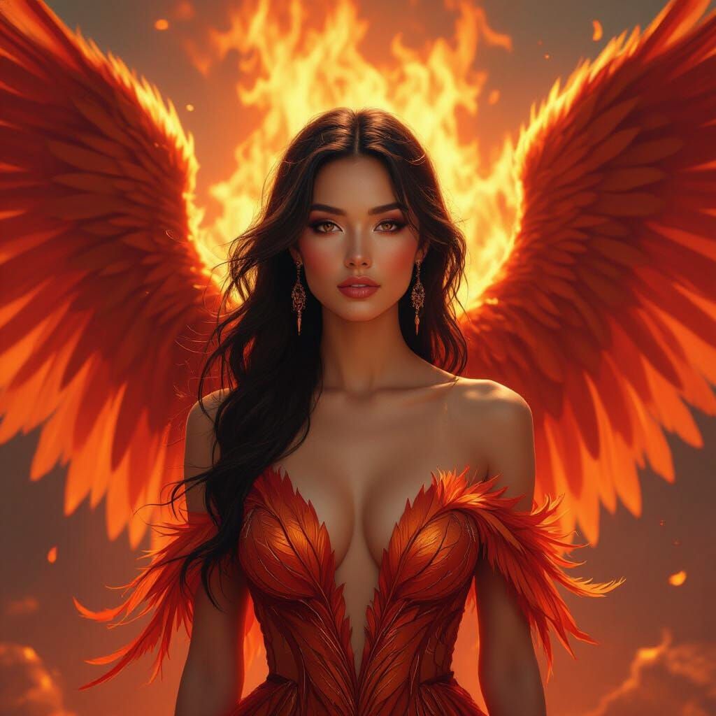 Fiery Phoenix Woman in Mystical Realism Style