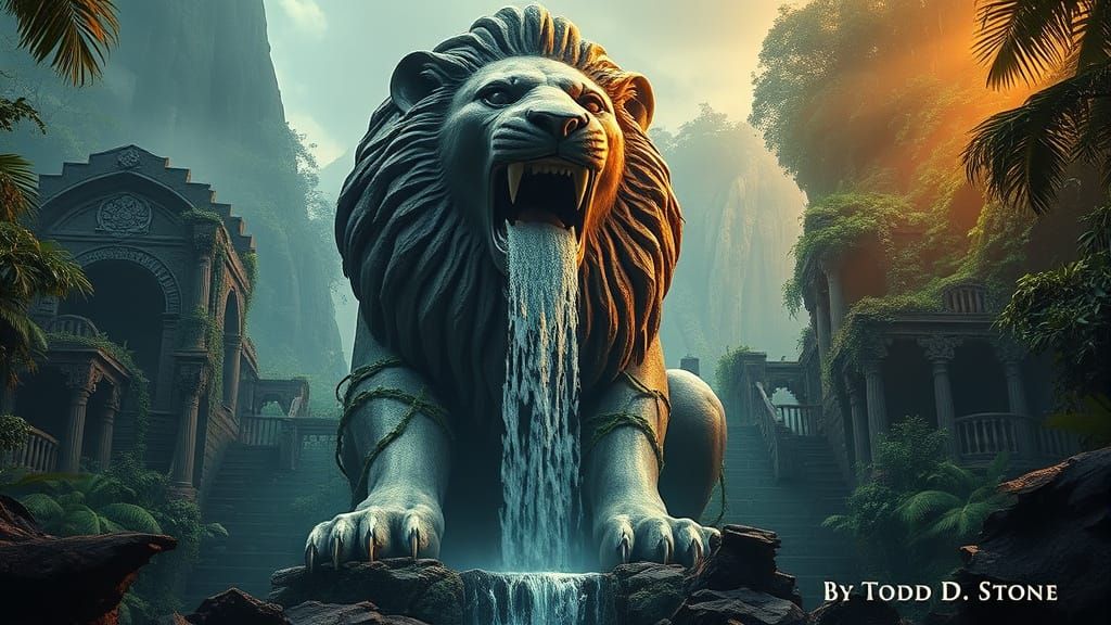 Waterfall Lion Statue in Jungle Ruins