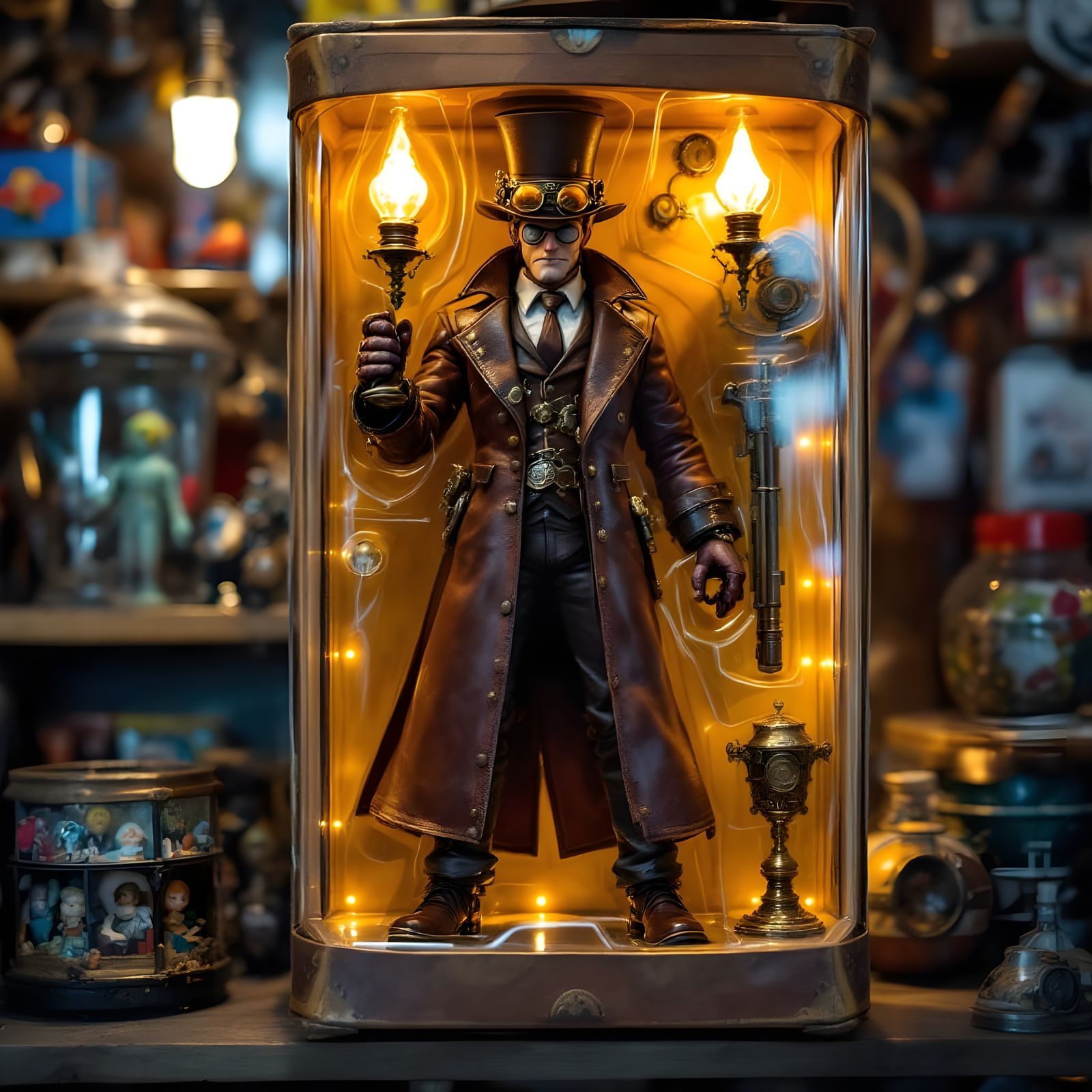 Steampunk Action Figure on Toy Shop Shelf