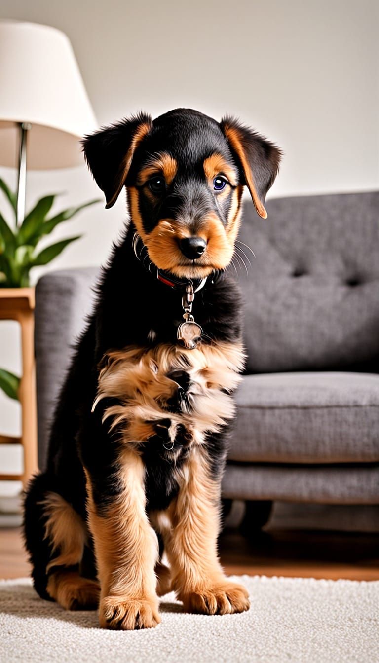 Mother Airedale Dog Watches Over Her Curly-Furred Puppies in...