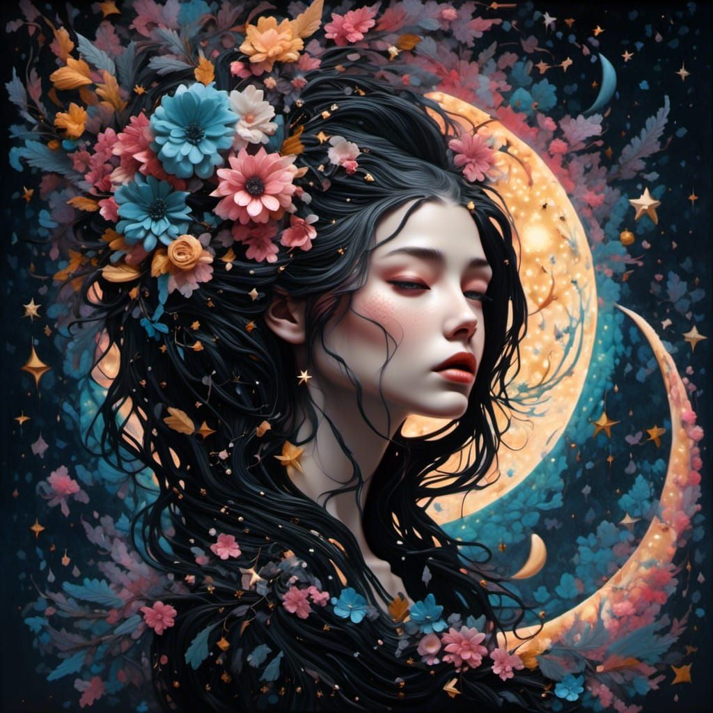 Pretty Woman with Crescent Moon in Graffiti Art