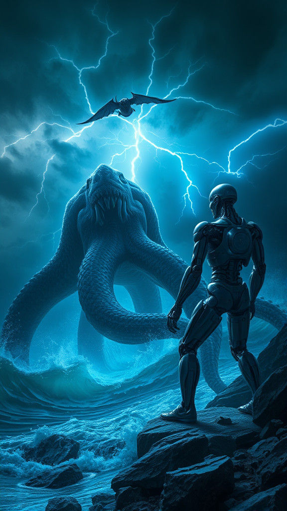 Kraken vs Terminator in Bioluminescent Ocean