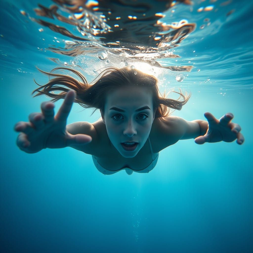 A Young Woman's Desperate Dive in a Sunlit, Ruined Underwate...