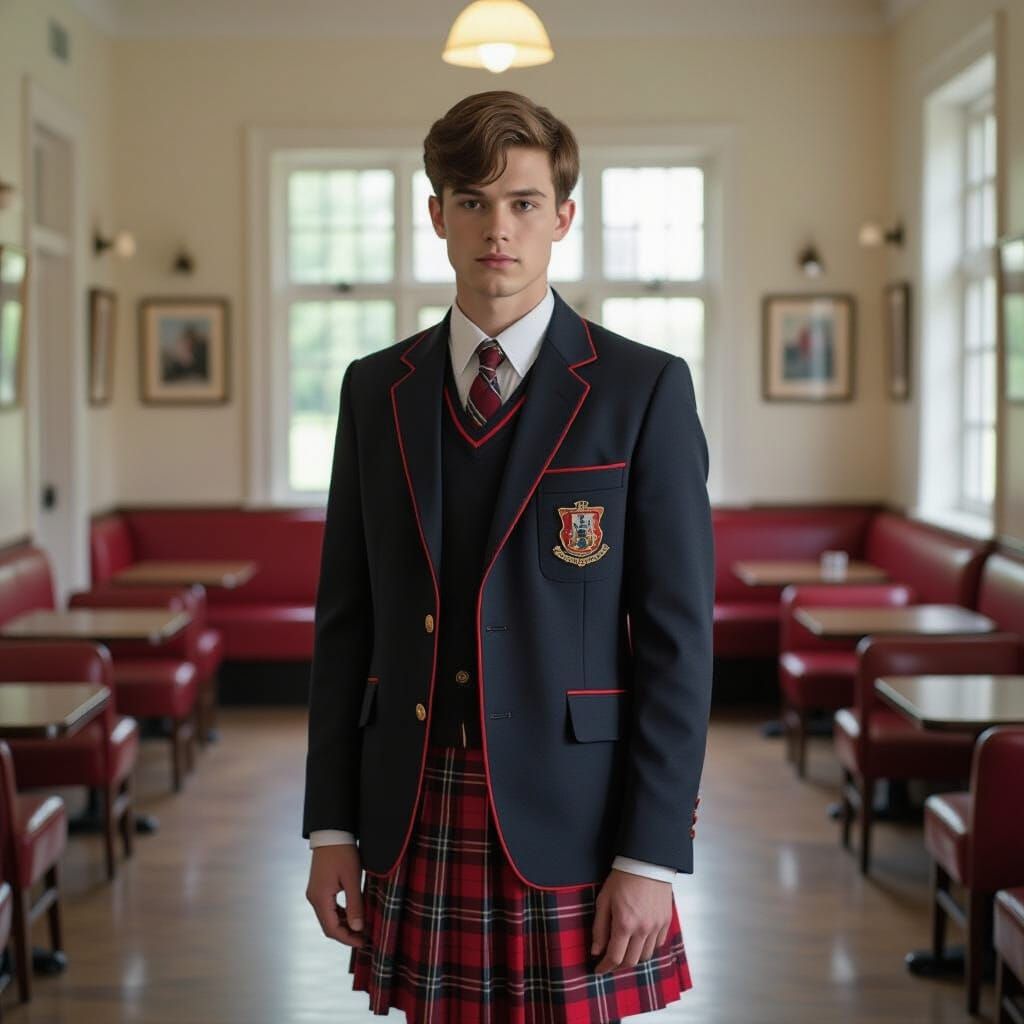 Young Man in School Uniform with Red Tartan Skirt