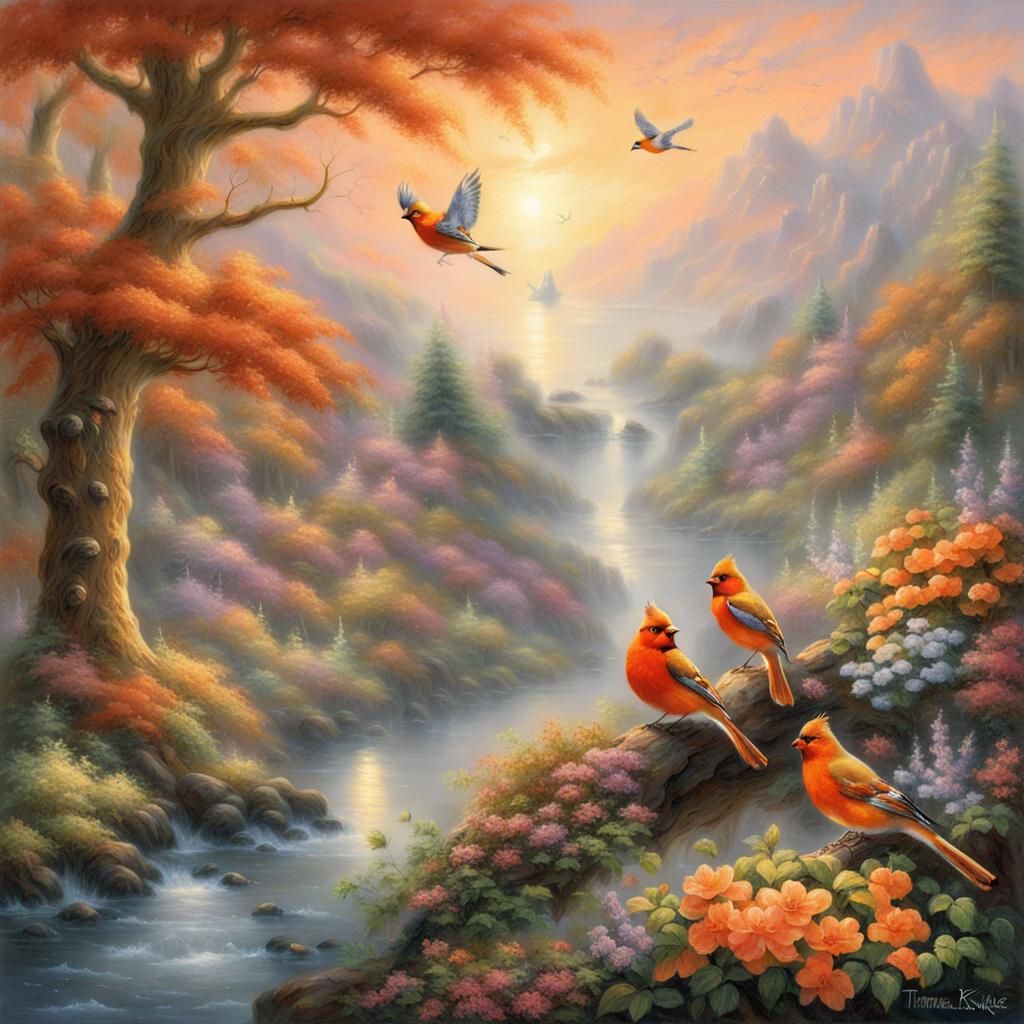 Orange Birds in Ethereal Fantasy Landscape