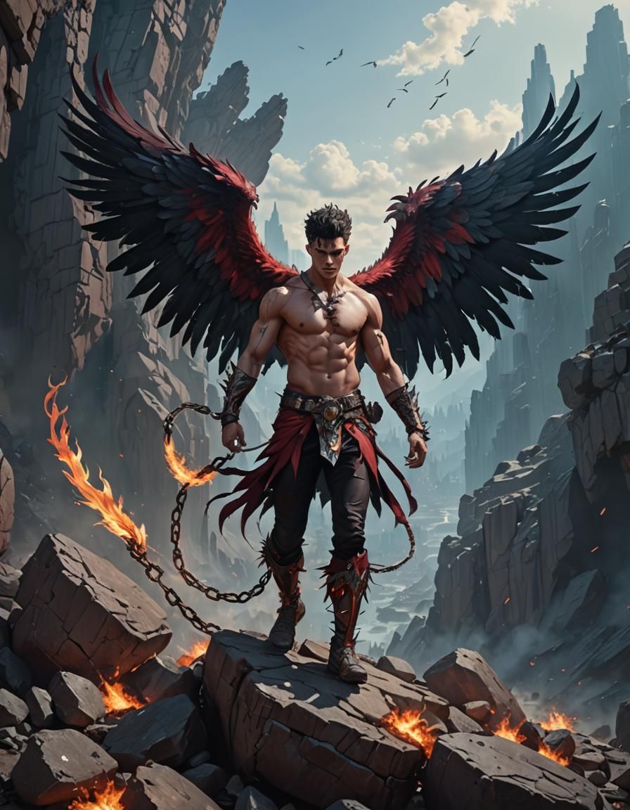 Shirtless Fire Harpy in Glitched Neofuturistic Landscape