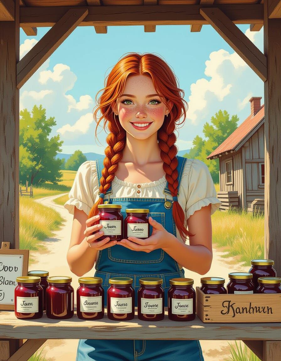 Smiling Woman Selling Jam: Impressionist Manga Style