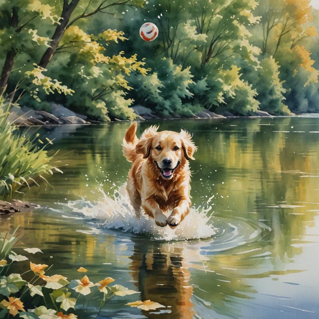 Golden Retriever Watercolor Painting by Lake