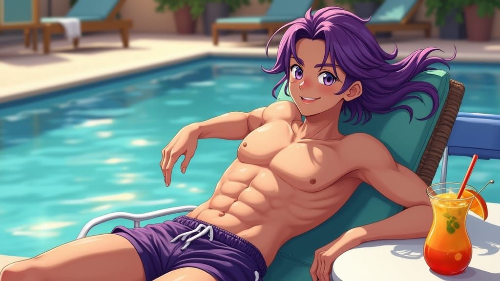 Charming Bishonen Relaxing by the Pool in Anime Style