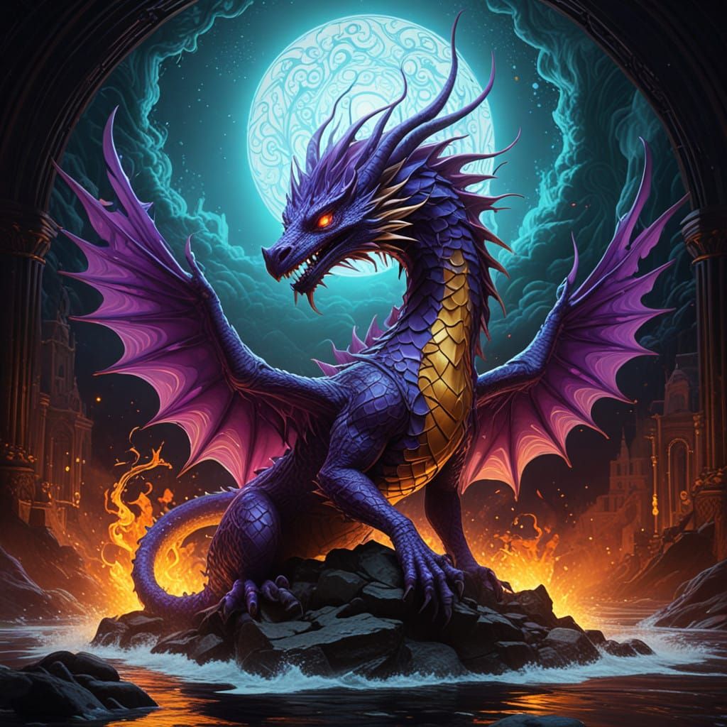 Dragon-Phoenix Hybrid in Swirling Vortex of Water and Fire