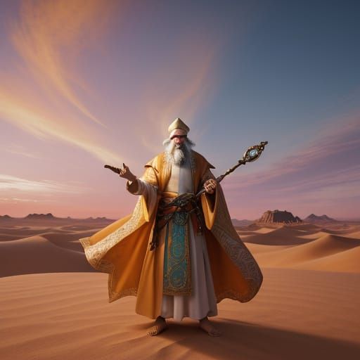 Mystical Faqir in Golden Desert Sunset