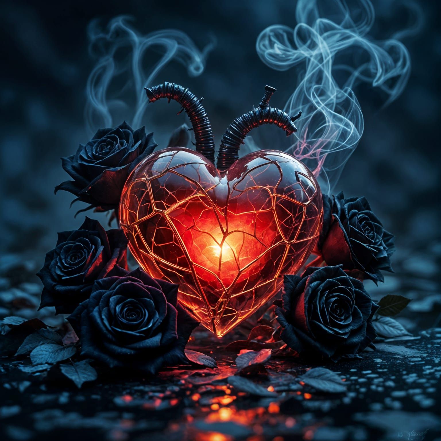 Glowing Cracked Glass Heart Amidst Black Roses