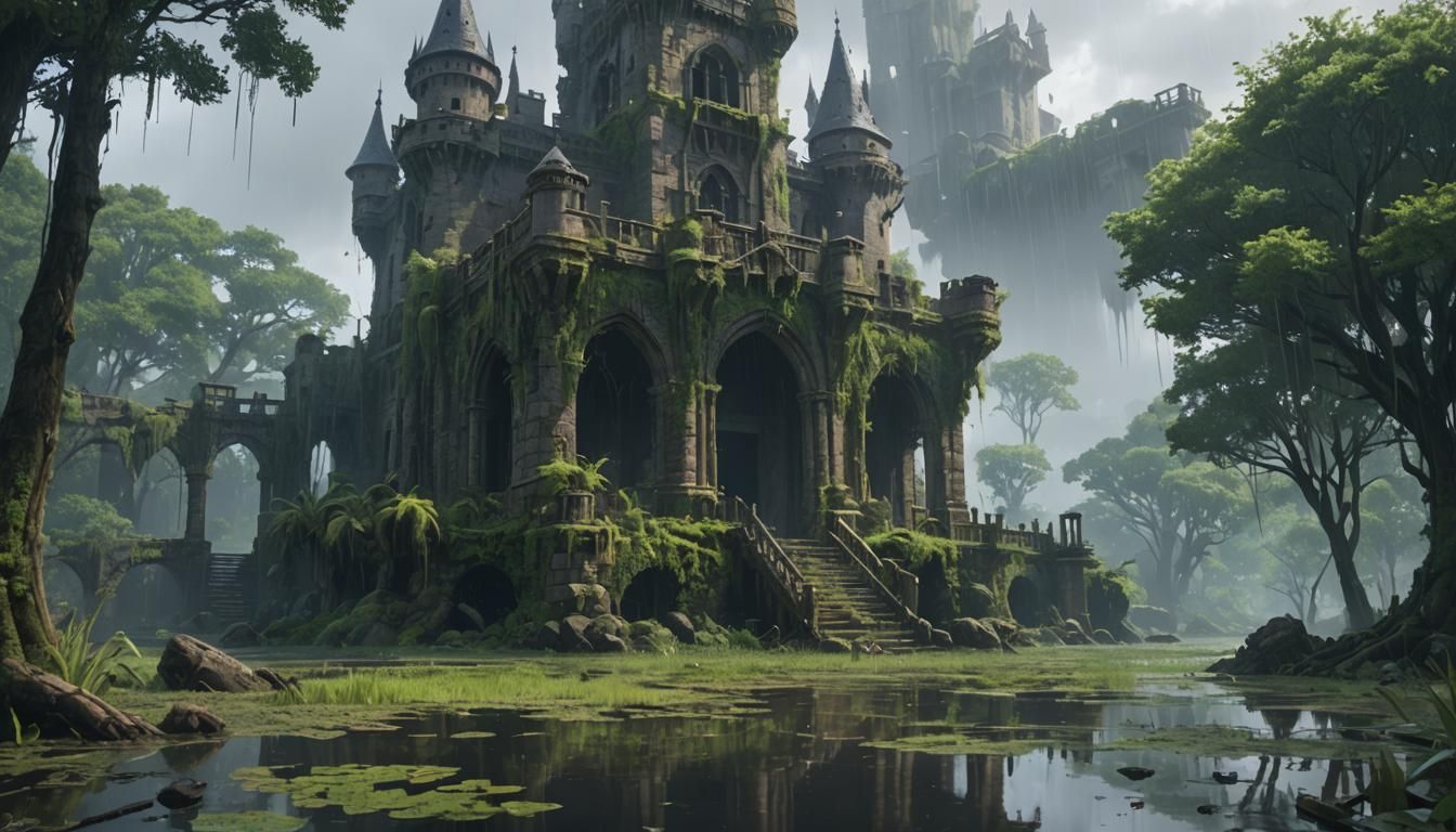 Anime Castle Ruins in Rainy Swamp, 3D Render