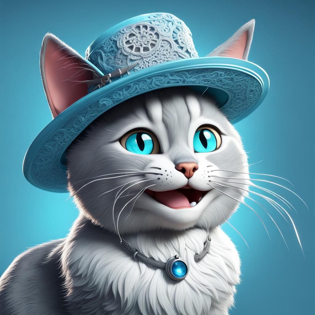 Gray Cat with Lace Hat in 3D Digital Art